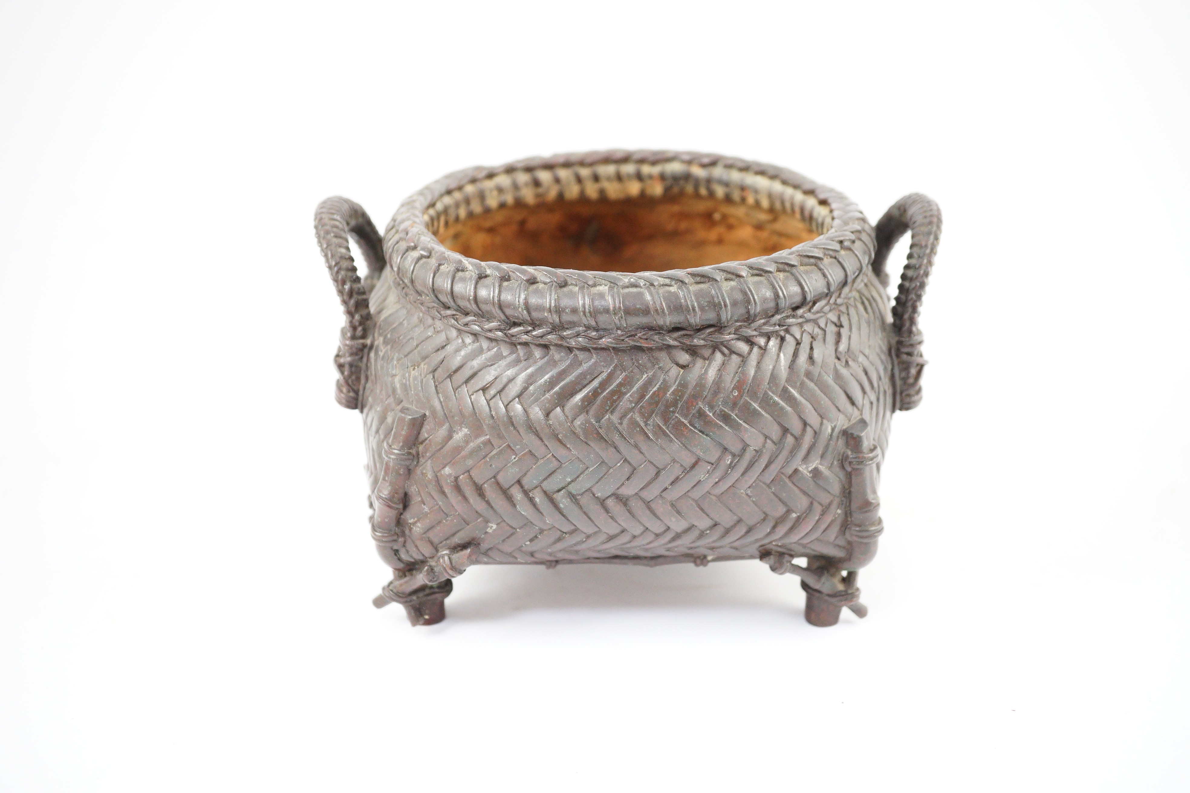 A Japanese bronze koro, 19th century, cast in imitation of a takezaiku bamboo basket, 17.5cm wide